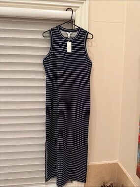 SPANX Navy & White Striped Sleeveless Maxi Dress with Side Slit